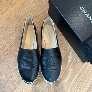 CHANEL Black Leather Espadrilles